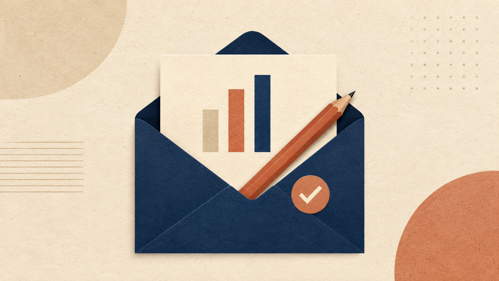 Envelope aberto com carta, lápis e visto. Capa de revisar texto de IA antes de enviar.